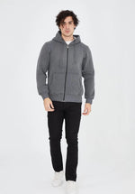 Erkek 3 İplik Pamuklu Kapüşonlu Tam Fermuarlı Cepli Hoodie Sweatshirt - Füme