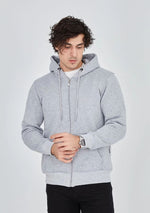 Erkek 3 İplik Pamuklu Kapüşonlu Tam Fermuarlı Cepli Hoodie Sweatshirt - Gri