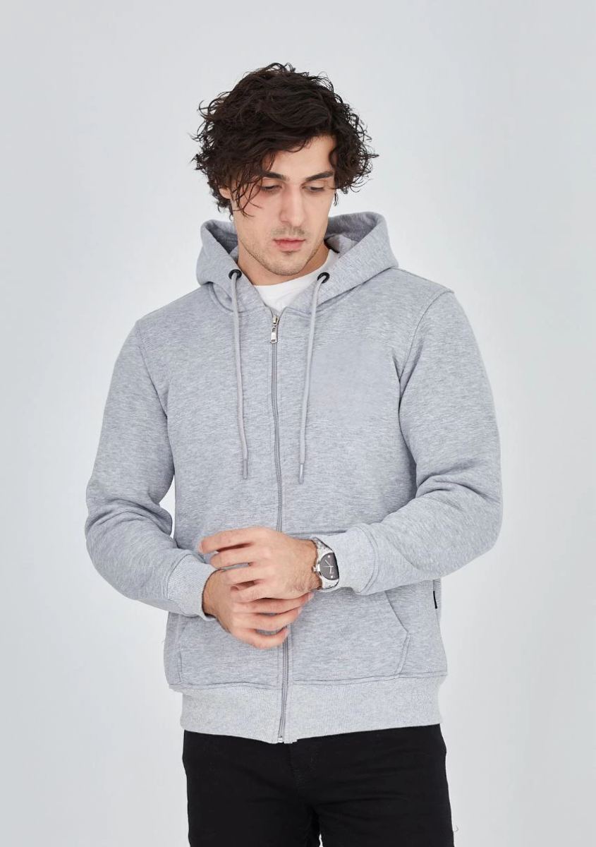 Erkek 3 İplik Pamuklu Kapüşonlu Tam Fermuarlı Cepli Hoodie Sweatshirt - Gri