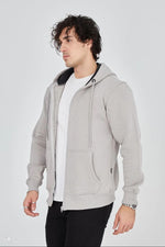 Erkek 3 İplik Pamuklu Kapüşonlu Tam Fermuarlı Cepli Hoodie Sweatshirt - Boyalı Gri