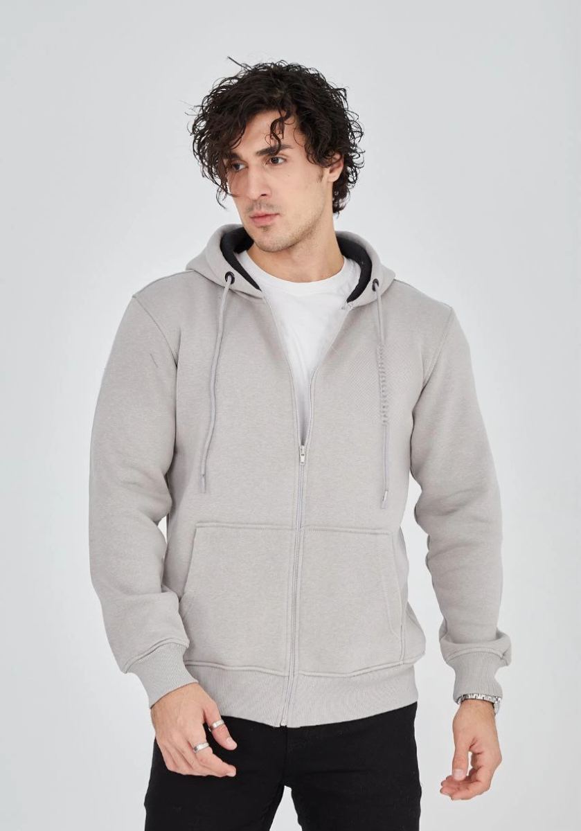 Erkek 3 İplik Pamuklu Kapüşonlu Tam Fermuarlı Cepli Hoodie Sweatshirt - Boyalı Gri