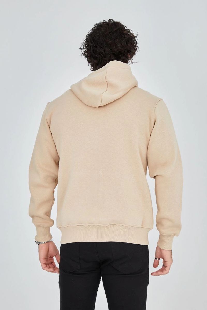 Erkek 3 İplik Pamuklu Kapüşonlu Tam Fermuarlı Cepli Hoodie Sweatshirt - Bej