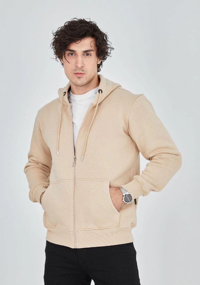 Erkek 3 İplik Pamuklu Kapüşonlu Tam Fermuarlı Cepli Hoodie Sweatshirt - Bej