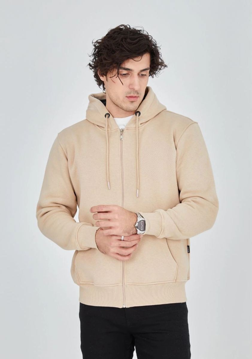Erkek 3 İplik Pamuklu Kapüşonlu Tam Fermuarlı Cepli Hoodie Sweatshirt - Bej