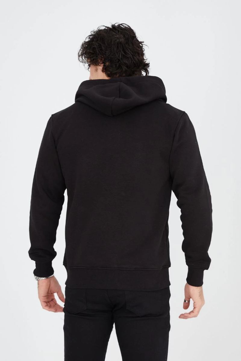 Erkek 3 İplik Pamuklu Kapüşonlu Tam Fermuarlı Cepli Hoodie Sweatshirt - Siyah