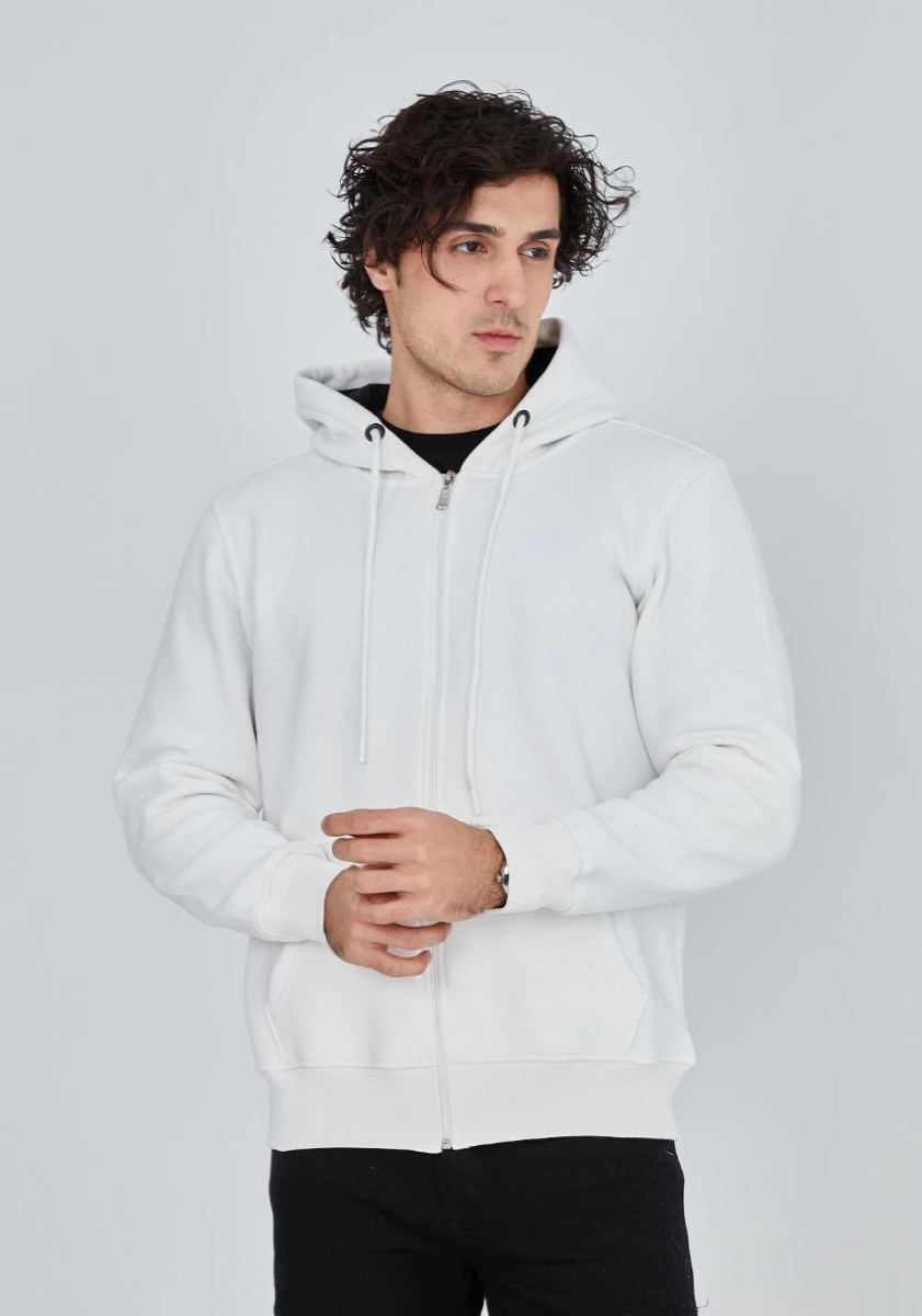 Erkek 3 İplik Pamuklu Kapüşonlu Tam Fermuarlı Cepli Hoodie Sweatshirt - Beyaz