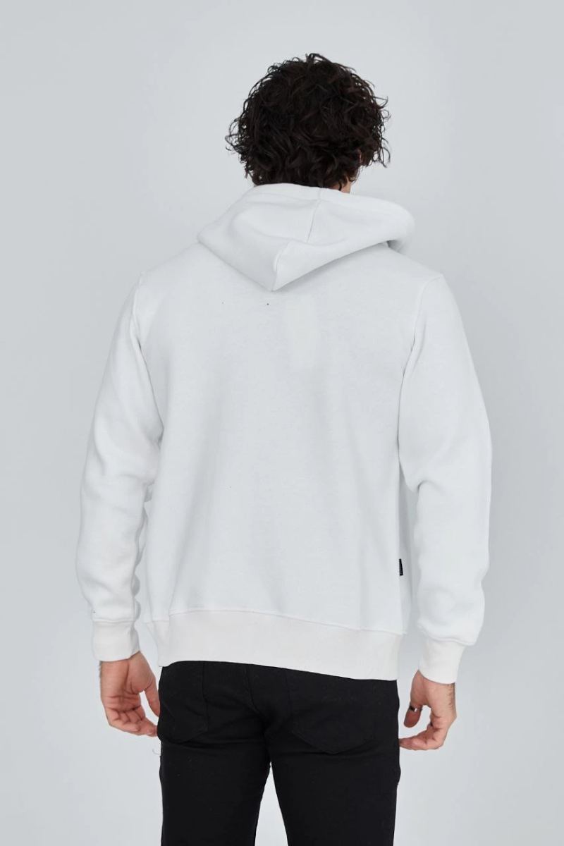 Erkek 3 İplik Pamuklu Kapüşonlu Tam Fermuarlı Cepli Hoodie Sweatshirt - Beyaz