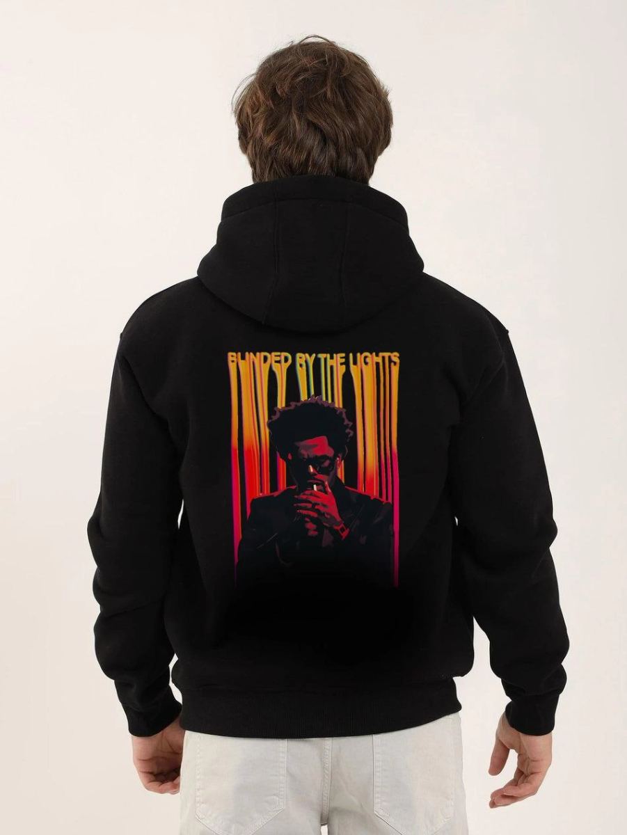 Erkek 3 İplik Pamuklu Kapüşonlu Baskılı Cepli Oversize Sweatshirt Hoodie - Siyah