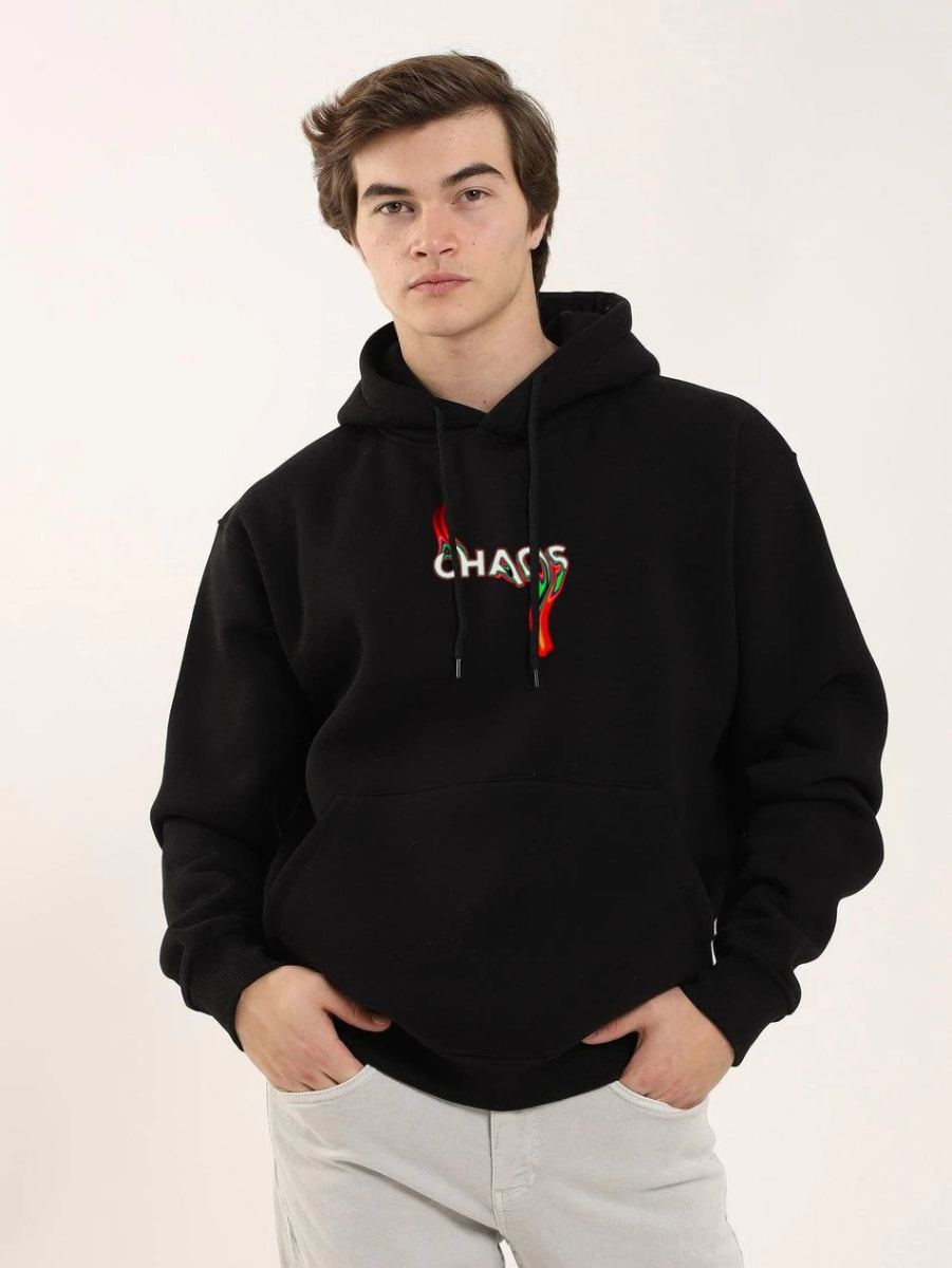 Erkek 3 İplik Pamuklu Kapüşonlu Baskılı Cepli Oversize Sweatshirt Hoodie - Siyah