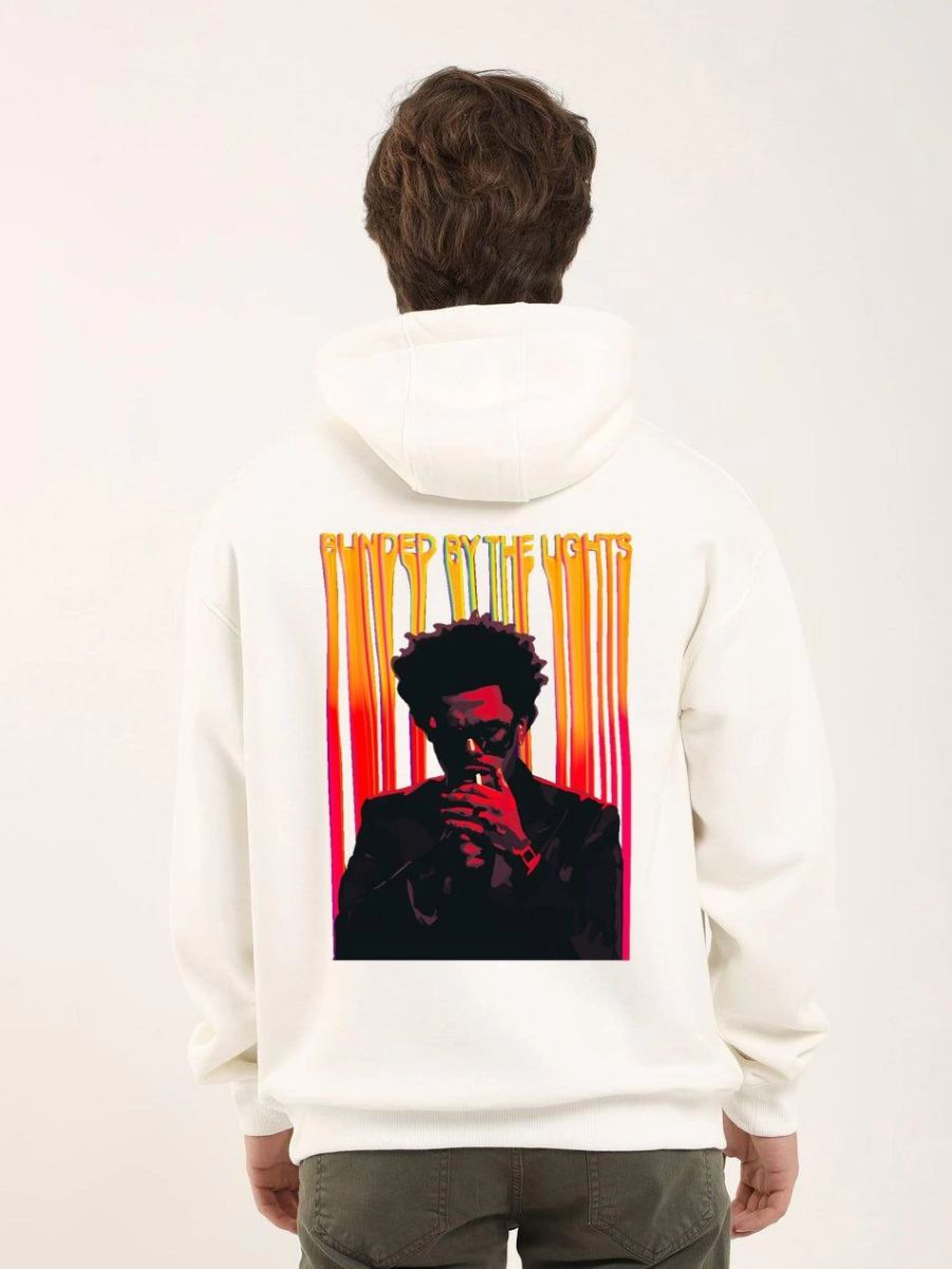 Erkek 3 İplik Pamuklu Kapüşonlu Baskılı Cepli Oversize Sweatshirt Hoodie - Beyaz