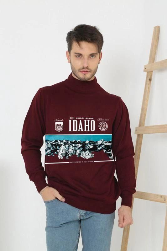 Erkek Yarım Bağazlı Kazak Baskılı Dokuma Triko - Bordo