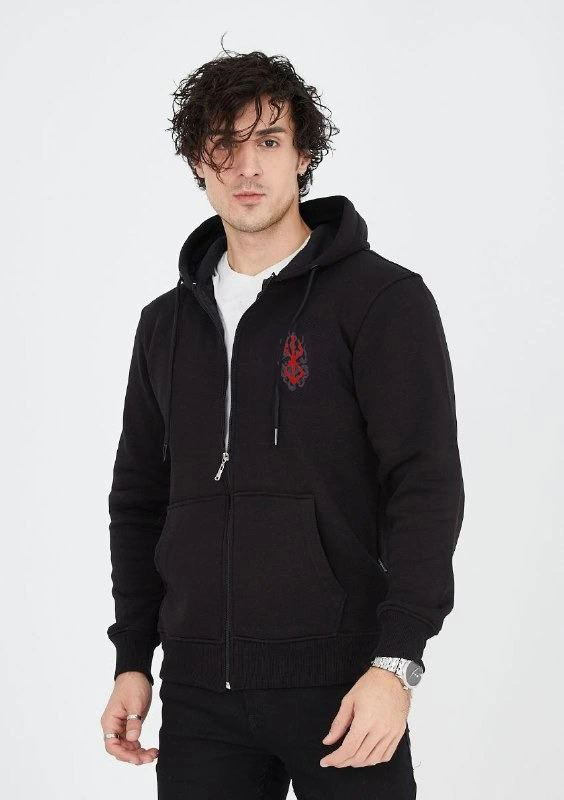 Erkek 3 İplik Pamuklu Kapüşonlu Tam Fermuarlı Cepli Hoodie Sweatshirt - Siyah