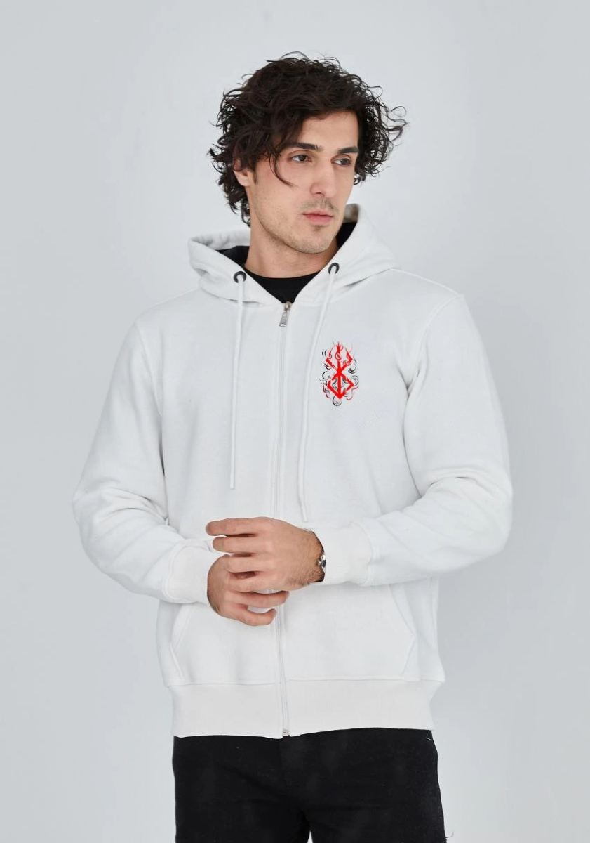 Erkek 3 İplik Pamuklu Kapüşonlu Tam Fermuarlı Cepli Hoodie Sweatshirt - Beyaz