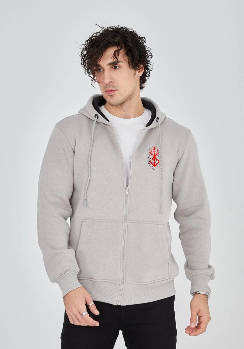 Erkek 3 İplik Pamuklu Kapüşonlu Tam Fermuarlı Cepli Hoodie Sweatshirt - Boyalı Gri