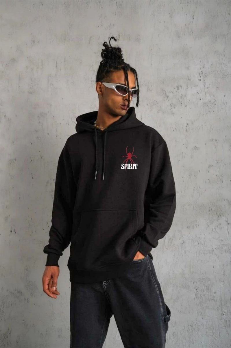 Erkek 3 İplik Pamuklu Kapüşonlu Baskılı Cepli Oversize Sweatshirt Hoodie - Siyah
