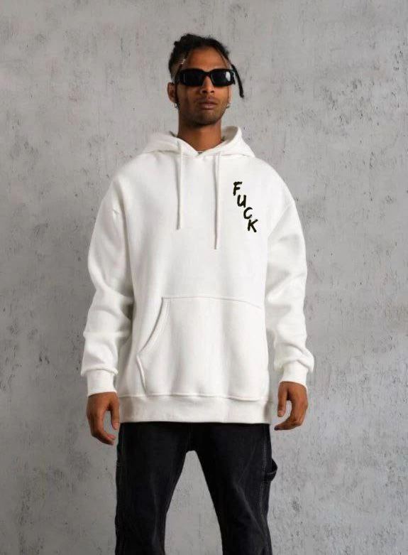 Erkek 3 İplik Pamuklu Kapüşonlu Baskılı Cepli Oversize Sweatshirt Hoodie - Beyaz