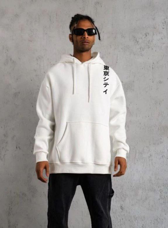 Erkek 3 İplik Pamuklu Kapüşonlu Baskılı Cepli Oversize Sweatshirt Hoodie - Beyaz