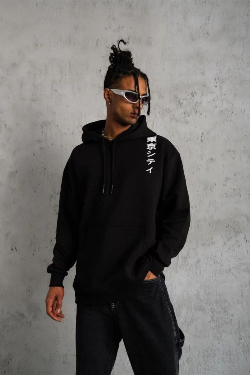 Erkek 3 İplik Pamuklu Kapüşonlu Baskılı Cepli Oversize Sweatshirt Hoodie - Siyah