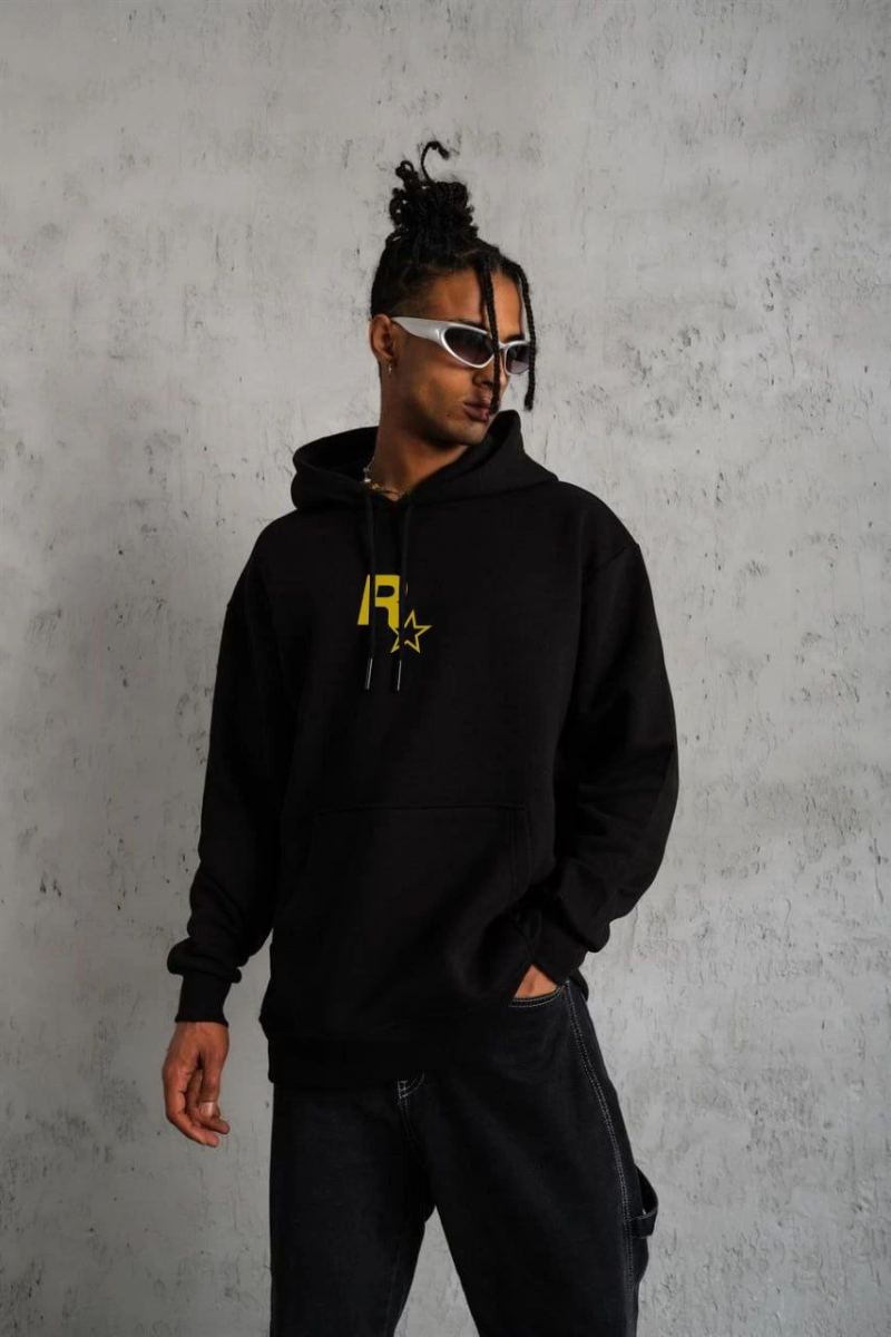 Erkek 3 İplik Pamuklu Kapüşonlu Baskılı Cepli Oversize Sweatshirt Hoodie - Siyah