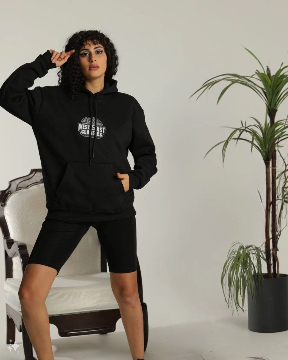 Kadın Oversize Kapüşonlu Cepli Baskılı 3 İplik Pamuklu Hoodie Sweatshirt - Siyah