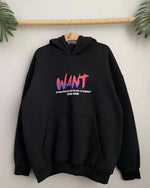 Kadın Oversize Kapüşonlu Cepli WANT Baskılı 3 İplik Pamuklu Hoodie Sweatshirt - Siyah