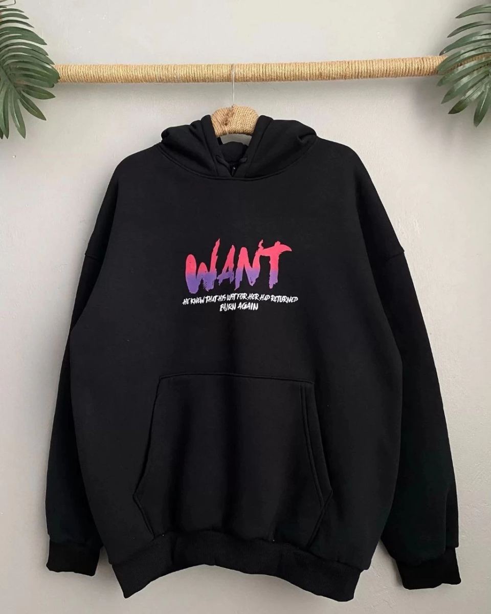 Kadın Oversize Kapüşonlu Cepli WANT Baskılı 3 İplik Pamuklu Hoodie Sweatshirt - Siyah