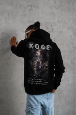 Erkek 3 İplik Pamuklu Kapüşonlu Kanguru Cepli Baskılı Oversize Hoodie Sweatshirt - Siyah