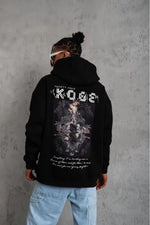 Erkek 3 İplik Pamuklu Kapüşonlu Kanguru Cepli Baskılı Oversize Hoodie Sweatshirt - Siyah