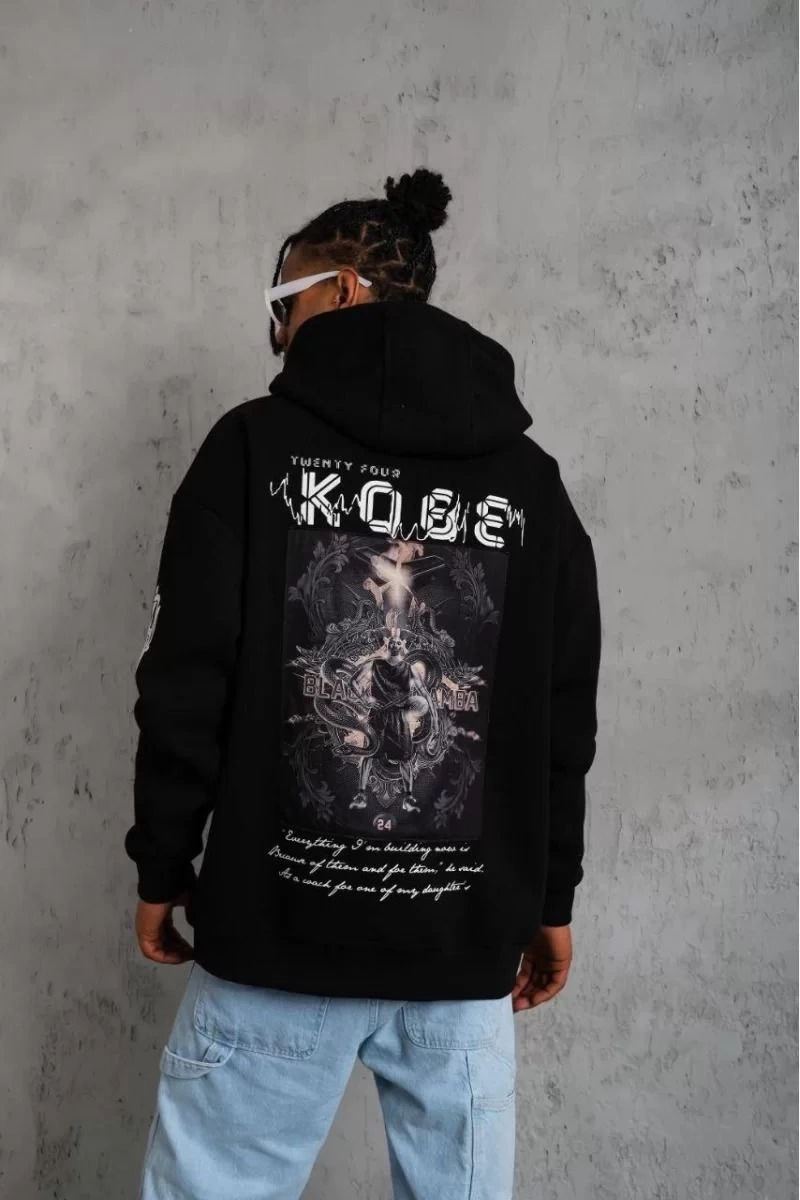 Erkek 3 İplik Pamuklu Kapüşonlu Kanguru Cepli Baskılı Oversize Hoodie Sweatshirt - Siyah