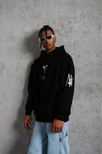 Erkek 3 İplik Pamuklu Kapüşonlu Kanguru Cepli Baskılı Oversize Hoodie Sweatshirt - Siyah