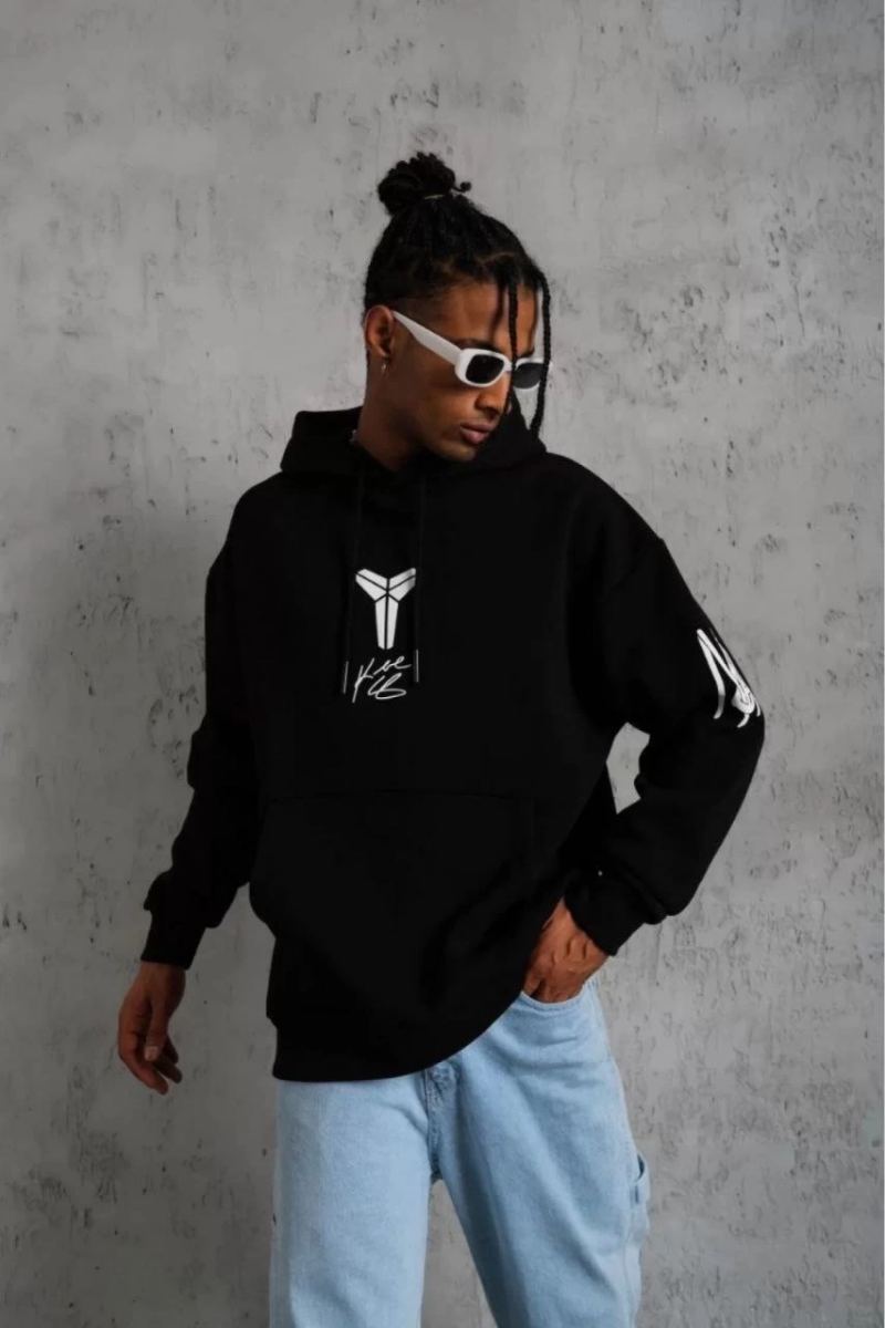 Erkek 3 İplik Pamuklu Kapüşonlu Kanguru Cepli Baskılı Oversize Hoodie Sweatshirt - Siyah