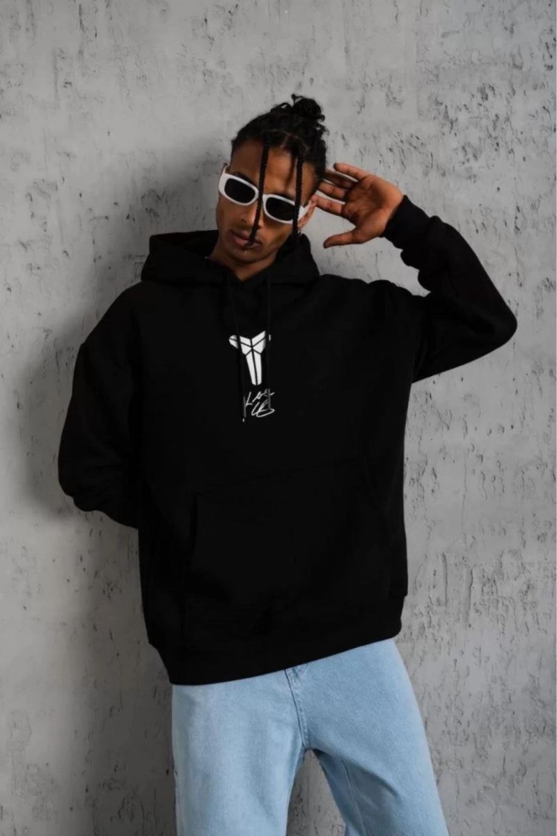 Erkek 3 İplik Pamuklu Kapüşonlu Kanguru Cepli Baskılı Oversize Hoodie Sweatshirt - Siyah