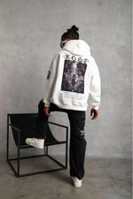 BErkek 3 İplik Pamuklu Kapüşonlu Baskılı Cepli Oversize Sweatshirt Hoodie - eyaz