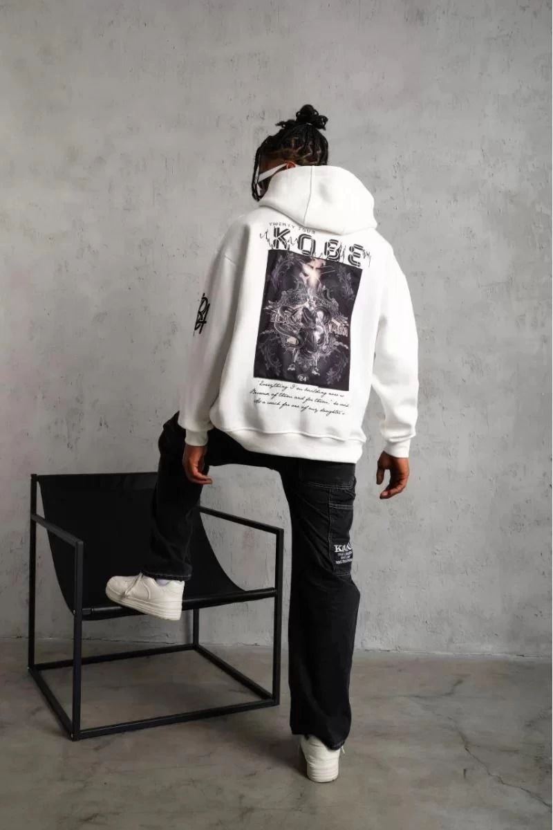 BErkek 3 İplik Pamuklu Kapüşonlu Baskılı Cepli Oversize Sweatshirt Hoodie - eyaz