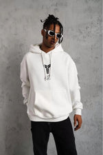 BErkek 3 İplik Pamuklu Kapüşonlu Baskılı Cepli Oversize Sweatshirt Hoodie - eyaz