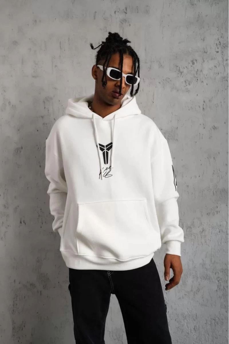BErkek 3 İplik Pamuklu Kapüşonlu Baskılı Cepli Oversize Sweatshirt Hoodie - eyaz