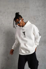 BErkek 3 İplik Pamuklu Kapüşonlu Baskılı Cepli Oversize Sweatshirt Hoodie - eyaz