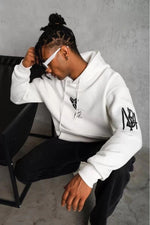 BErkek 3 İplik Pamuklu Kapüşonlu Baskılı Cepli Oversize Sweatshirt Hoodie - eyaz