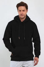 Erkek 3 İplik Pamuklu Kapüşonlu Cepli Oversize Hoodie Sweatshirt - Siyah