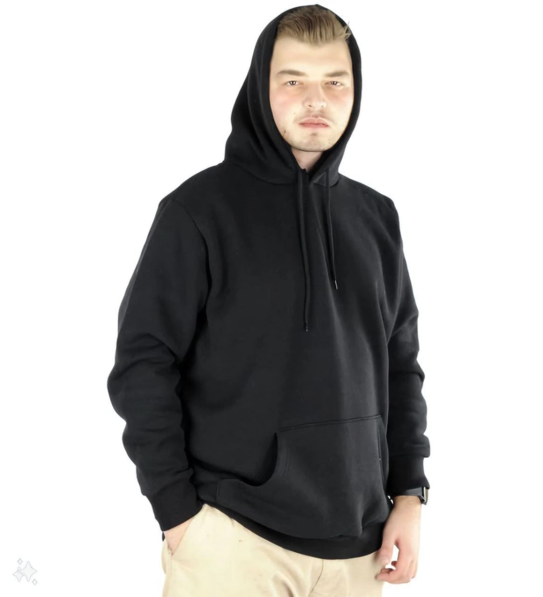 Erkek 3 İplik Pamuklu Kapüşonlu Cepli Oversize Hoodie Sweatshirt - Siyah
