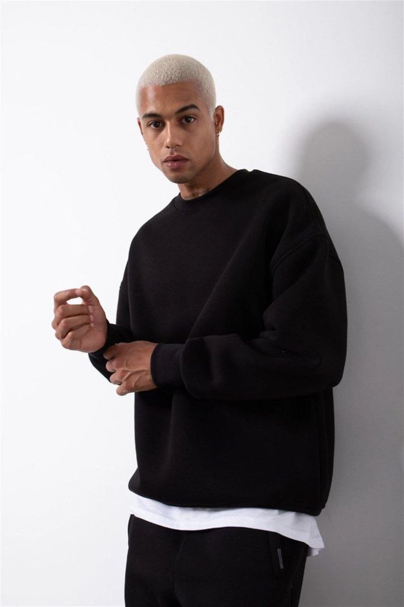 ERKEK Bisikilet Yaka 3 İplik Pamuklu SweatShirt - Siyah