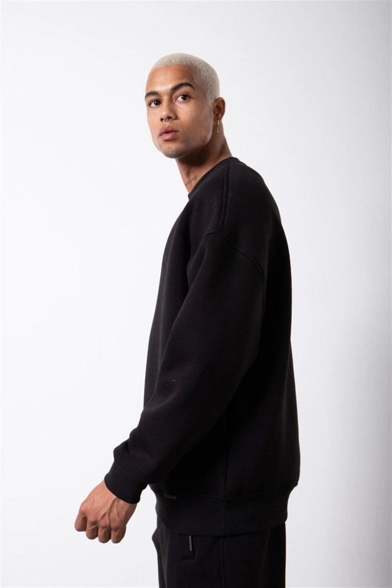 ERKEK Bisikilet Yaka 3 İplik Pamuklu SweatShirt - Siyah