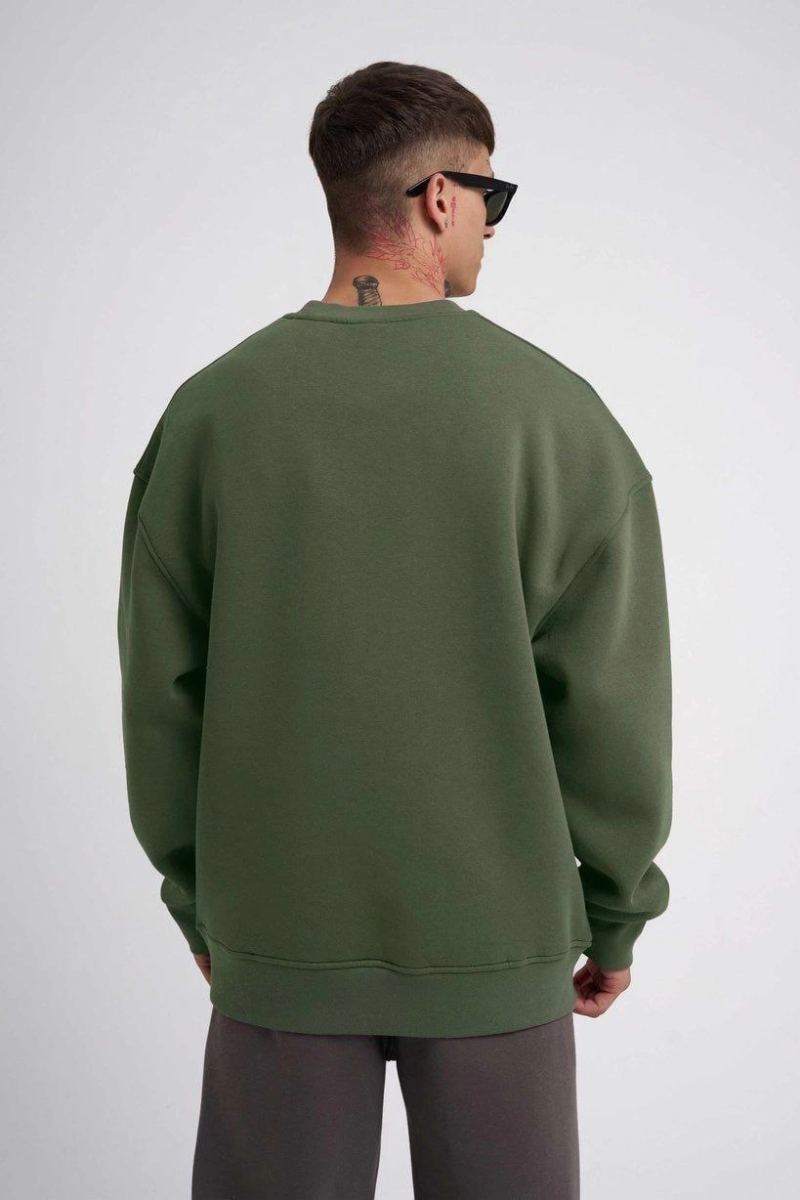 ERKEK Bisikilet Yaka 3 İplik Pamuklu SweatShirt - Haki
