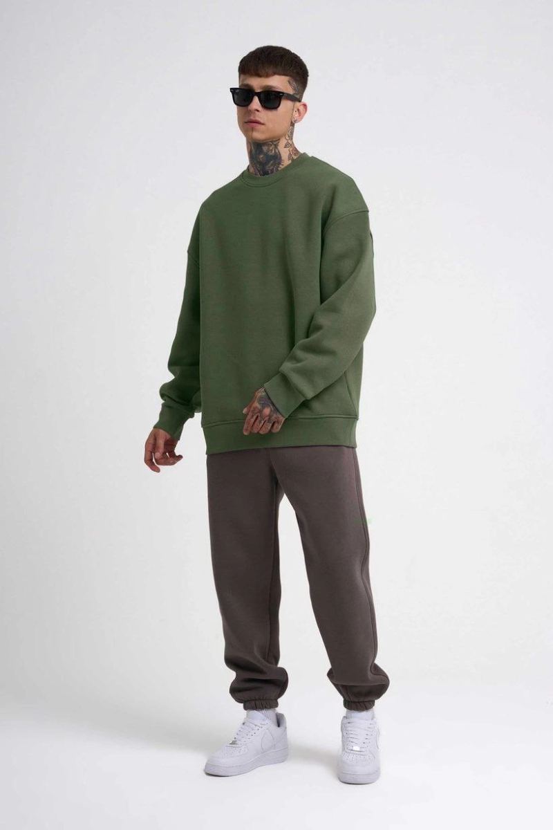 ERKEK Bisikilet Yaka 3 İplik Pamuklu SweatShirt - Haki