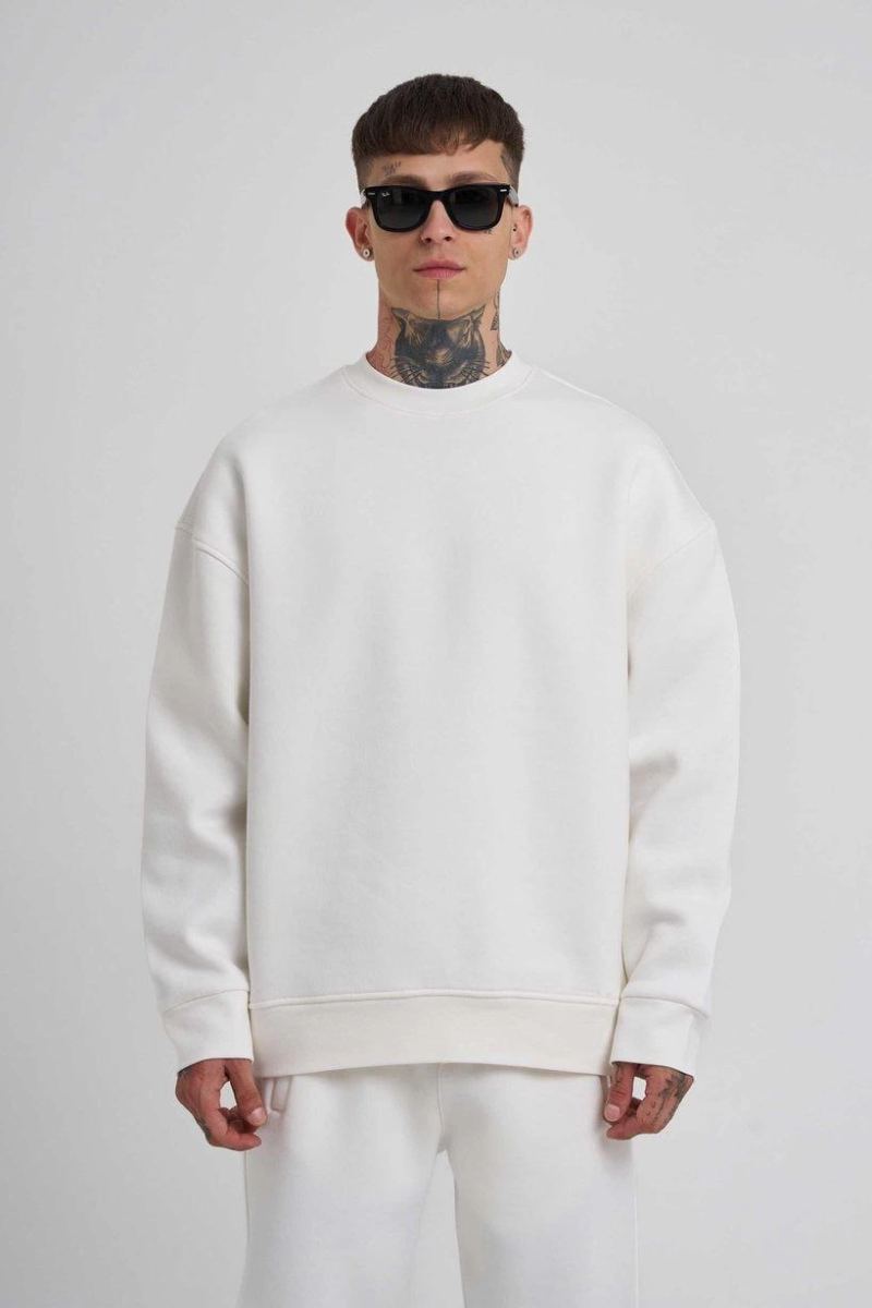 ERKEK Bisikilet Yaka 3 plik Pamuklu SweatShirt - Beyaz