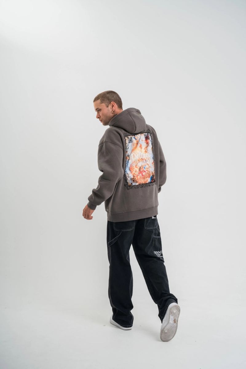 Erkek 3 İplik Kapüşonlu Hoodie Dijital Patchli SweatShirt - Füme