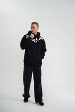 Erkek 3 İplik Pamuklu Kapüşonlu Baskılı Cepli Oversize Sweatshirt Hoodie - Siyah
