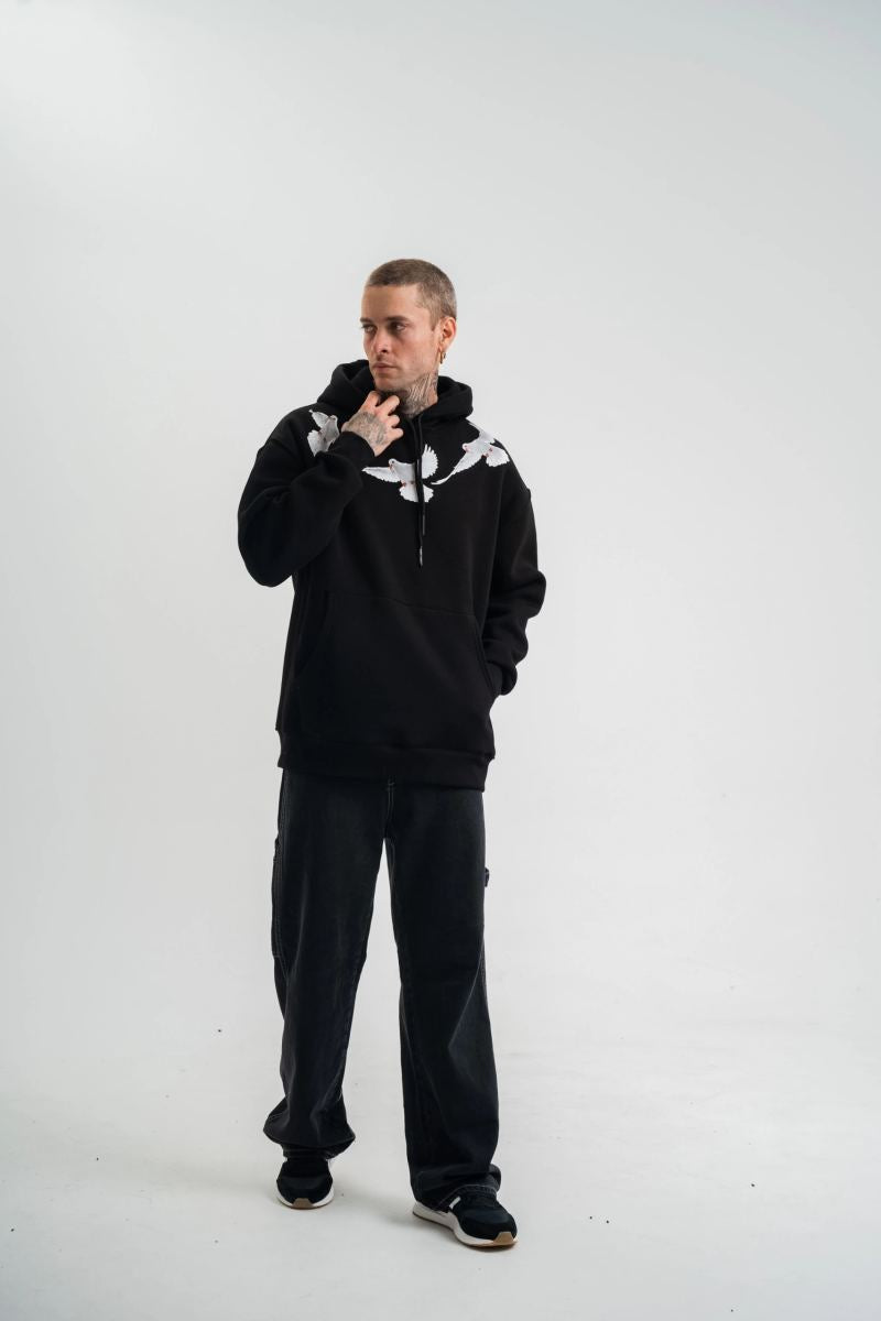 Erkek 3 İplik Pamuklu Kapüşonlu Baskılı Cepli Oversize Sweatshirt Hoodie - Siyah