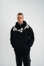 Erkek 3 İplik Pamuklu Kapüşonlu Baskılı Cepli Oversize Sweatshirt Hoodie - Siyah