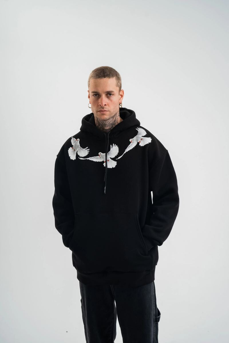 Erkek 3 İplik Pamuklu Kapüşonlu Baskılı Cepli Oversize Sweatshirt Hoodie - Siyah